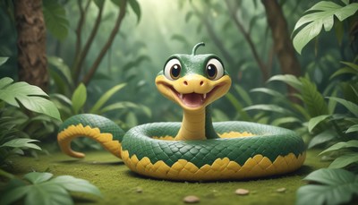 A cartoon snake smiles in a lush jungle