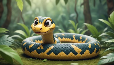 Cartoon snake with big eyes in a green forest