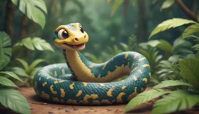 A green and yellow snake smiles in a jungle