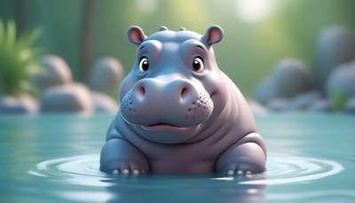 A cute hippopotamus sits in a pond on a sunny day