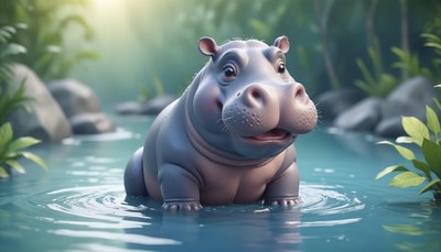 A hippo relaxes in a stream under the sun