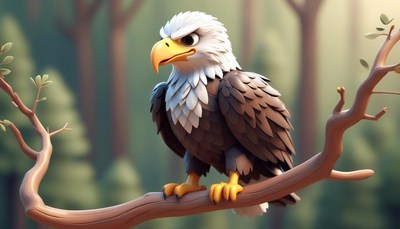 An eagle perches on a branch in a forest