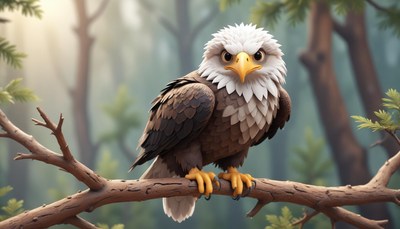 An eagle perches on a branch in a forest