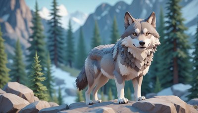 A wolf stands on a rock in the mountains