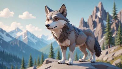 A gray wolf stands on a rock in the mountains