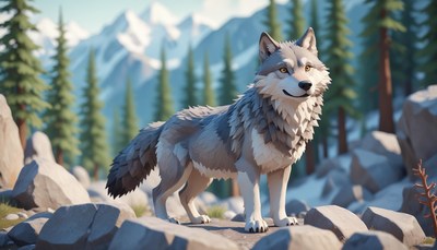 A wolf stands on rocks in a mountain forest