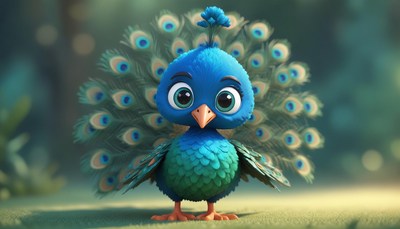 A cartoon peacock stands with its tail feathers spread