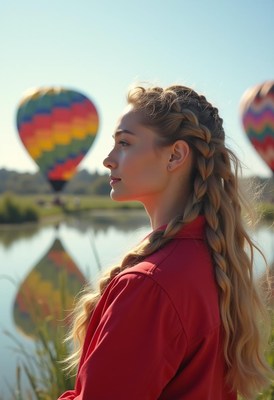 Woman with braids watches balloons over a lake