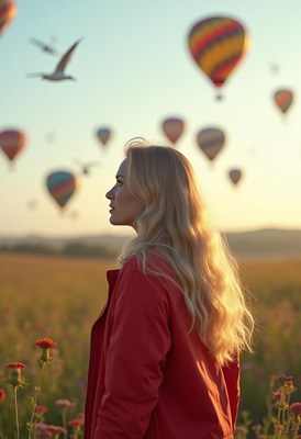 Woman in a red jacket watches balloons in the sky