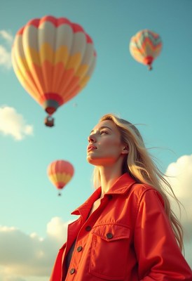 A woman looks up at hot air balloons in the sky