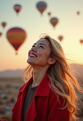 A woman smiles at drifting hot air balloons