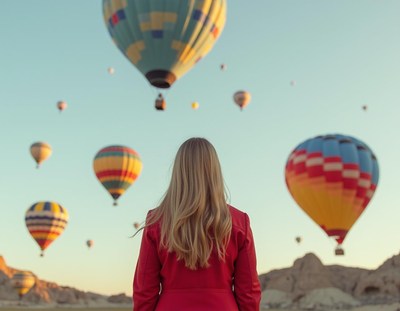 A woman watches hot air balloons in cappadocia