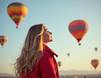 A woman watches hot air balloons fly over a desert landscape