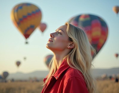 A woman gazes at hot air balloons in the sky