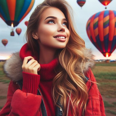 A woman in a red jacket looks up at hot air balloons