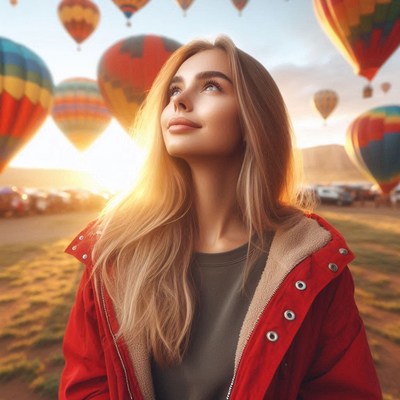 A woman in a red jacket watches hot air balloons at sunrise