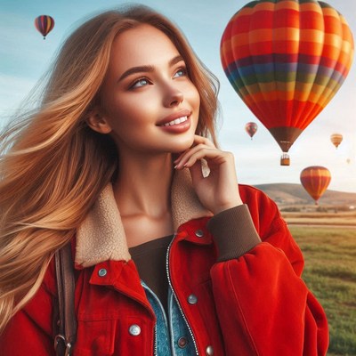 A woman in a red jacket admires hot air balloons