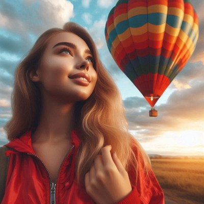 A woman gazes at a hot air balloon in the sky