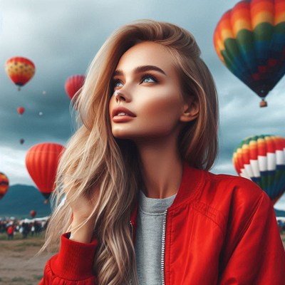 A woman in a red jacket looks up at hot air balloons