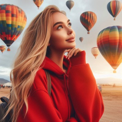 A woman in a red hoodie sees balloons in the sky