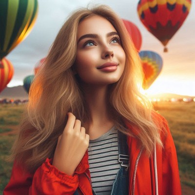 A woman smiles as she watches hot air balloons take flight
