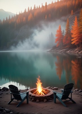 A campfire burns by a misty lake in the forest