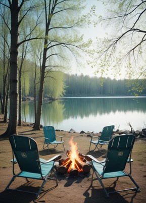 A campfire burns near a lake on a sunny day