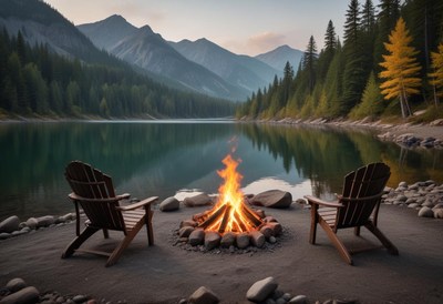 Campfire by a lakeshore, framed by mountains