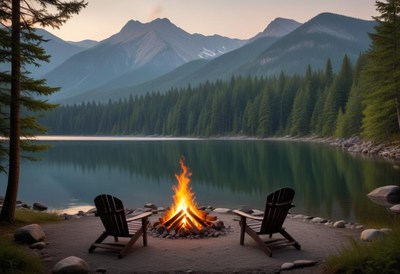 A campfire burns on a lakeshore in the mountains