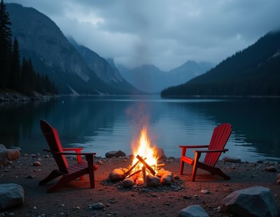 A bonfire on the lake shore at dusk