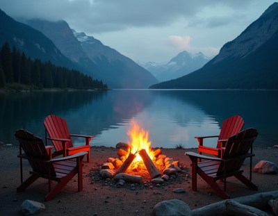 A campfire glows on the shore of a lake in the mountains