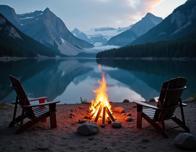 Two chairs sit by a campfire on a lake shore