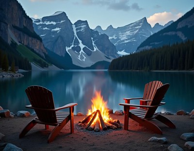 Two chairs sit by a fire in front of a lake and mountains