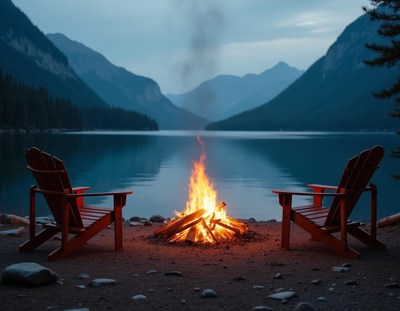 Two chairs sit by a campfire on a lake shore