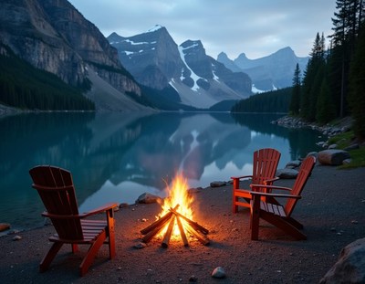 Cozy campfire by the lake with mountains behind
