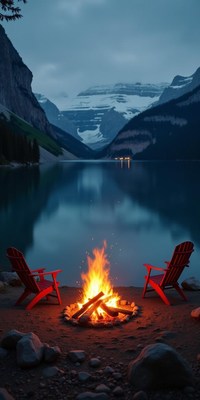 Campfire glows by a lake in the rockies