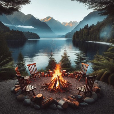Campfire by a mountain lake