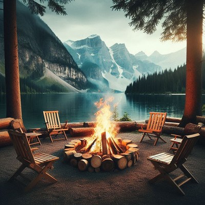 Campfire glows by the lake with mountains behind