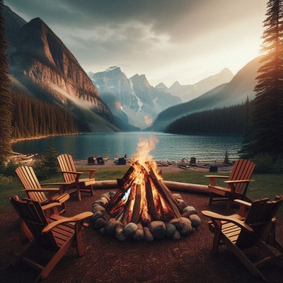 A campfire burns brightly in front of a lake and mountains
