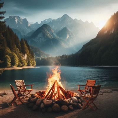 A bonfire on a lake shore with mountains in the background