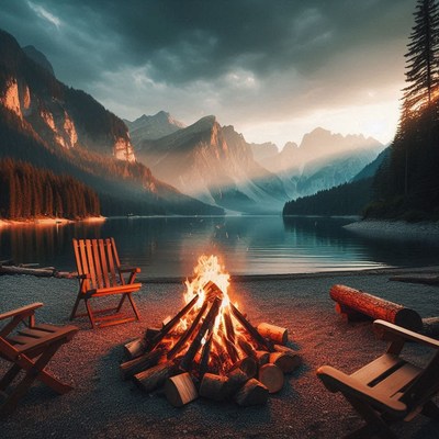 A campfire burns brightly on a lake shore