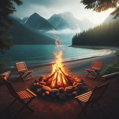 A crackling fire on a lakefront beach in the mountains