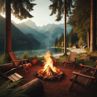 Cozy campfire by a mountain lake