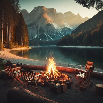 A cozy campfire by a lake in the mountains