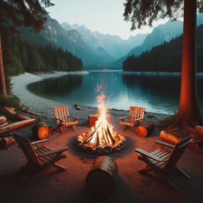 A campfire on a lake shore in the mountains