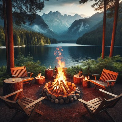 A cozy campfire by a lake in the mountains