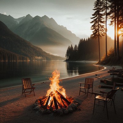 A campfire burns on a lake beach at sunset