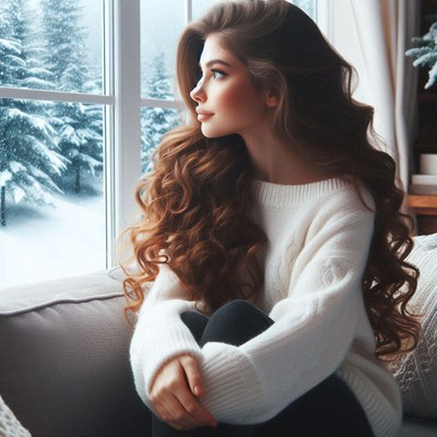 A woman with curly hair gazes at the snowy scene