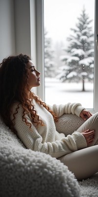 A woman sits by a window on a snowy day