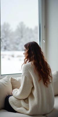 A woman sits by a window, looking out at the snowy landscape